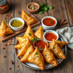 A vibrant and delicious display of samosas on a beautifully arranged platter
