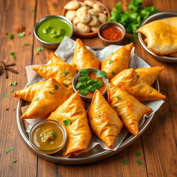 A vibrant and delicious display of samosas on a beautifully arranged platter