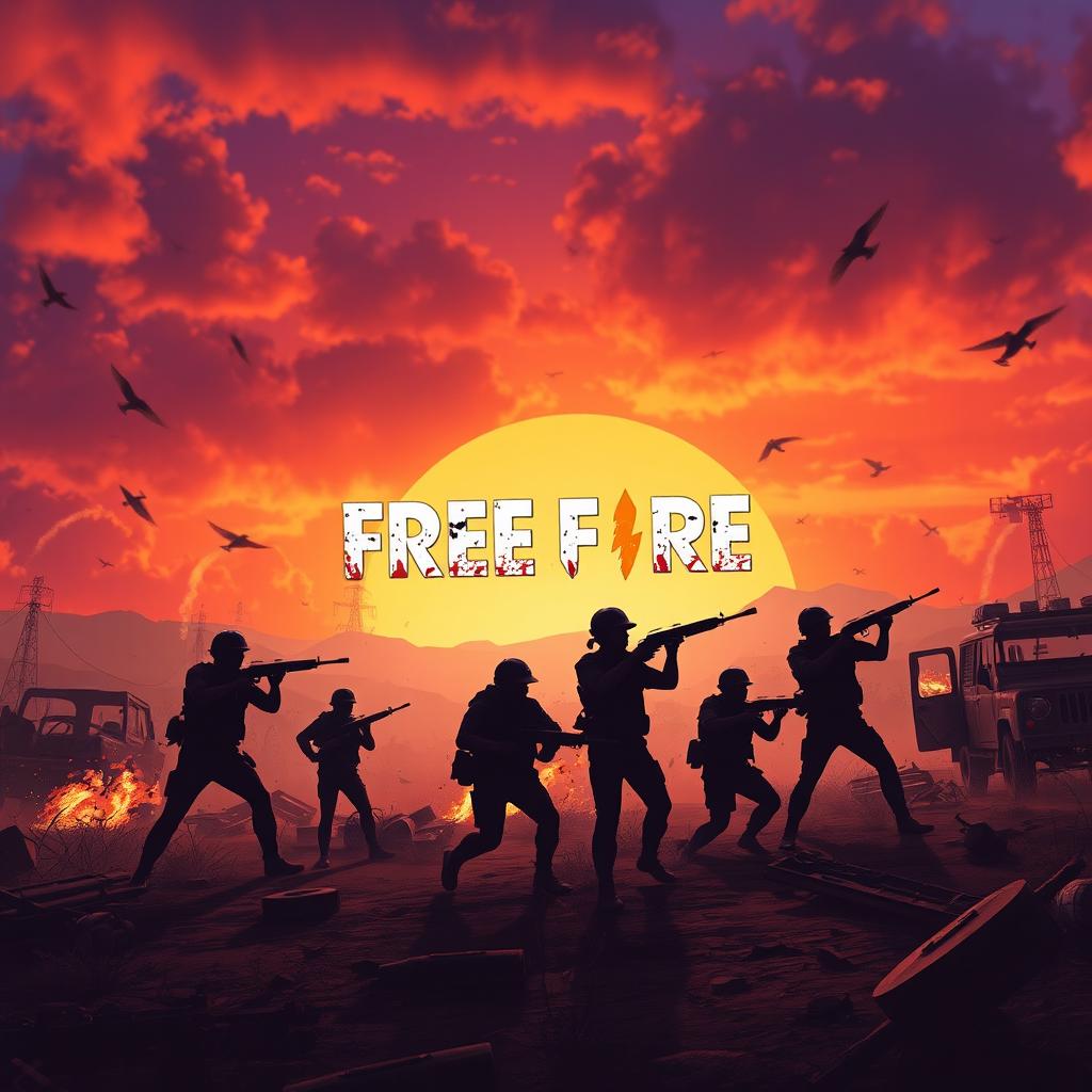 A high-action, dynamic background inspired by the game Free Fire, featuring a vibrant, post-apocalyptic landscape with a dramatic sunset sky filled with orange and purple hues