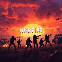 A high-action, dynamic background inspired by the game Free Fire, featuring a vibrant, post-apocalyptic landscape with a dramatic sunset sky filled with orange and purple hues