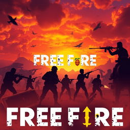 A high-action, dynamic background inspired by the game Free Fire, featuring a vibrant, post-apocalyptic landscape with a dramatic sunset sky filled with orange and purple hues