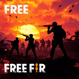 A high-action, dynamic background inspired by the game Free Fire, featuring a vibrant, post-apocalyptic landscape with a dramatic sunset sky filled with orange and purple hues