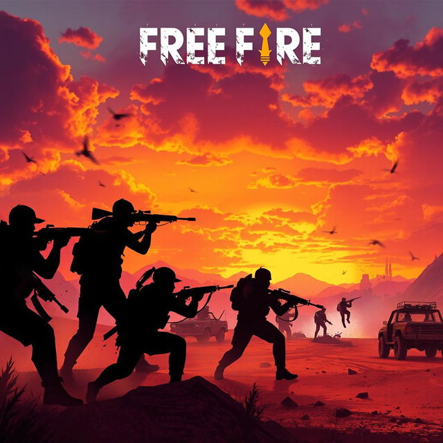 A high-action, dynamic background inspired by the game Free Fire, featuring a vibrant, post-apocalyptic landscape with a dramatic sunset sky filled with orange and purple hues