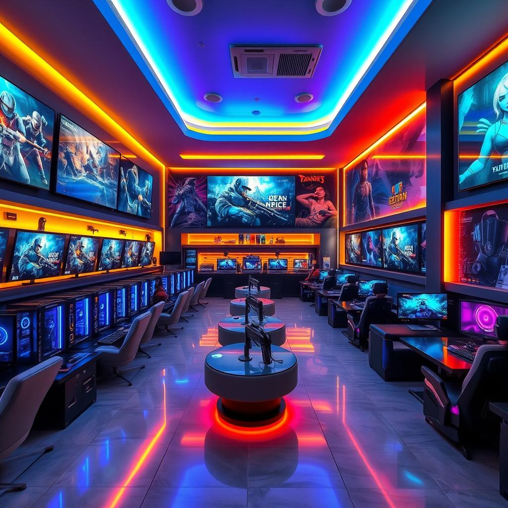 A stunning and beautifully designed gaming lounge featuring an array of high-end gaming PCs, large LED screens displaying popular games, comfortable and stylish seating arrangements, vibrant LED lighting creating an energetic atmosphere, modern decor with gaming-themed artworks on the walls, and gamers intensely engaged in their gameplay