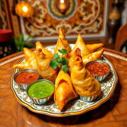 A beautifully styled plate of samosas, showcasing a variety of colors and textures