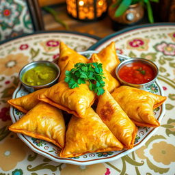 A beautifully styled plate of samosas, showcasing a variety of colors and textures