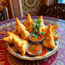 A beautifully styled plate of samosas, showcasing a variety of colors and textures