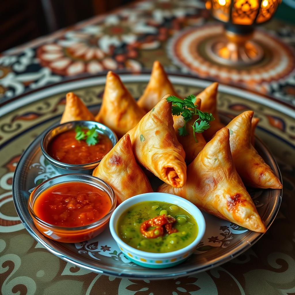 A beautifully styled plate of samosas, showcasing a variety of colors and textures