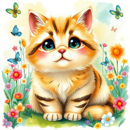 A chubby, cute cat painted in a watercolor style, featuring bright and cheerful colors