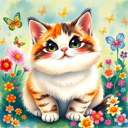 A chubby, cute cat painted in a watercolor style, featuring bright and cheerful colors