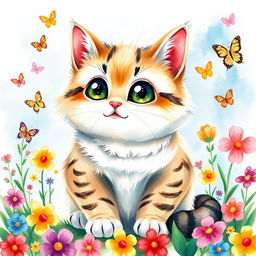 A chubby, cute cat painted in a watercolor style, featuring bright and cheerful colors