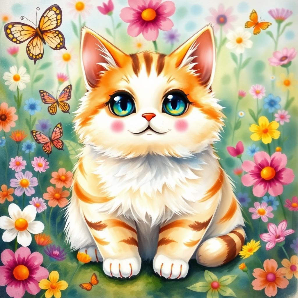 A chubby, cute cat painted in a watercolor style, featuring bright and cheerful colors