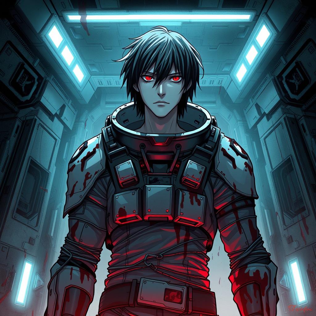 A tall male character with pale skin, black hair, and striking crimson eyes, wears a futuristic, damaged spacesuit