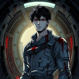 A tall male character with pale skin, black hair, and striking crimson eyes, wears a futuristic, damaged spacesuit