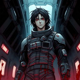 A tall male character with pale skin, black hair, and striking crimson eyes, wears a futuristic, damaged spacesuit