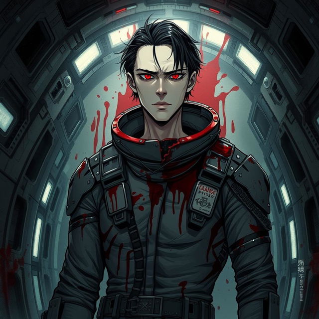 A tall male character with pale skin, black hair, and striking crimson eyes, wears a futuristic, damaged spacesuit