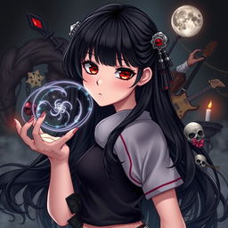 A stunningly beautiful girl with striking red and black eyes, showcasing her very long black hair that cascades down her back, with the ends styled in beautiful curls