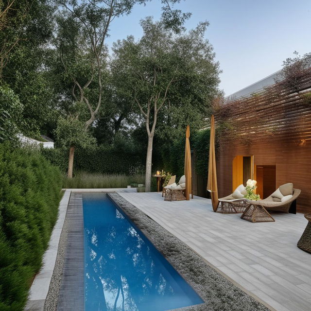 A 25 feet wide and 50 feet long terrace featuring a small pool, a relaxing sit-out area, and a chic fireplace chiminea.