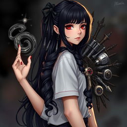 A stunningly beautiful girl with striking red and black eyes, showcasing her very long black hair that cascades down her back, with the ends styled in beautiful curls