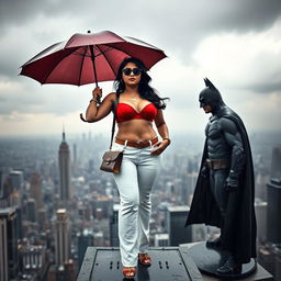 A bold Indian chubby woman is standing on a helipad atop a tall building, wearing a striking red bra and white panties