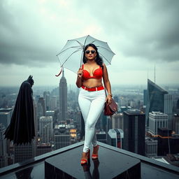 A bold Indian chubby woman is standing on a helipad atop a tall building, wearing a striking red bra and white panties