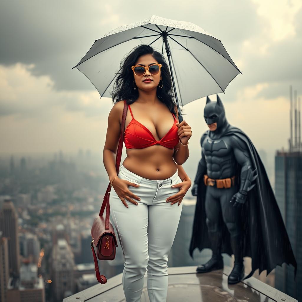 A bold Indian chubby woman is standing on a helipad atop a tall building, wearing a striking red bra and white panties