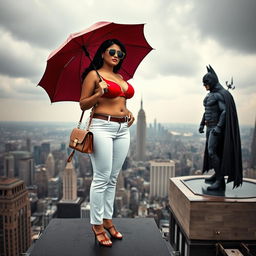 A bold Indian chubby woman is standing on a helipad atop a tall building, wearing a striking red bra and white panties