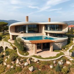 A picturesque rural villa situated on top of a hill, featuring an innovative combination of modern curved forms, bionic twists, and futuristic design elements