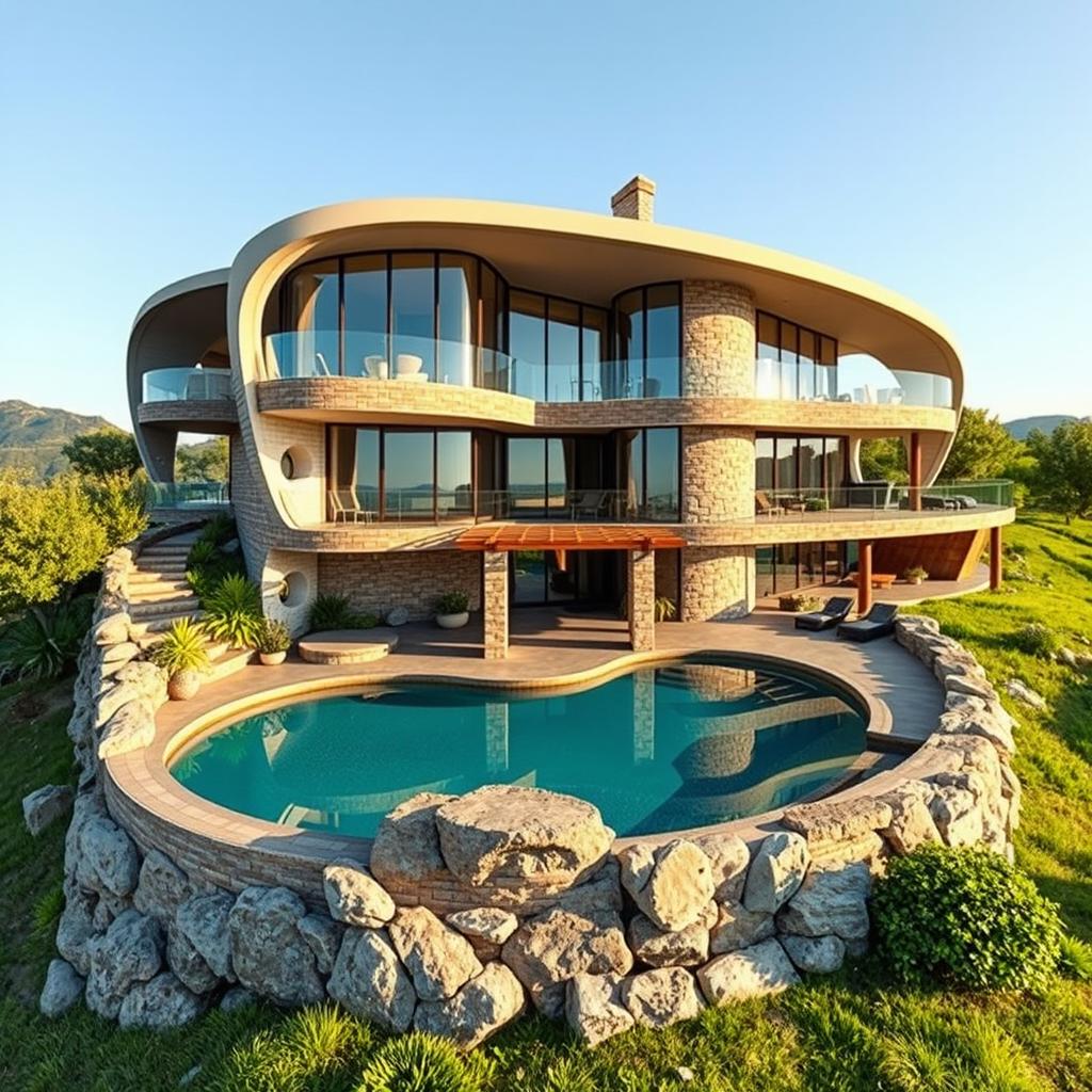 A picturesque rural villa situated on top of a hill, featuring an innovative combination of modern curved forms, bionic twists, and futuristic design elements