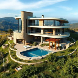 A picturesque rural villa situated on top of a hill, featuring an innovative combination of modern curved forms, bionic twists, and futuristic design elements