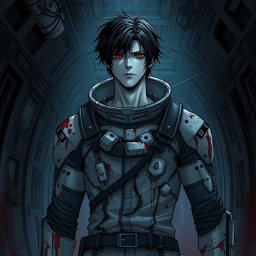 A tall male character with pale skin, black hair, and striking crimson eyes, dressed in a futuristic damaged space suit