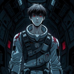 A tall male character with pale skin, black hair, and striking crimson eyes, dressed in a futuristic damaged space suit