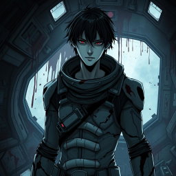 A tall male character with pale skin, black hair, and striking crimson eyes, dressed in a futuristic damaged space suit