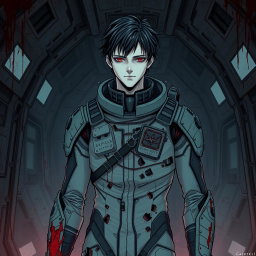 A tall male character with pale skin, black hair, and striking crimson eyes, dressed in a futuristic damaged space suit