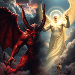 A dramatic scene depicting the eternal struggle between good and evil, featuring a powerful and majestic devil with red skin, large horns, and a fierce expression, contrasted with a benevolent figure representing God, portrayed as a glowing being radiating light with a serene expression