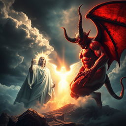 A dramatic scene depicting the eternal struggle between good and evil, featuring a powerful and majestic devil with red skin, large horns, and a fierce expression, contrasted with a benevolent figure representing God, portrayed as a glowing being radiating light with a serene expression