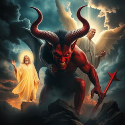 A dramatic scene depicting the eternal struggle between good and evil, featuring a powerful and majestic devil with red skin, large horns, and a fierce expression, contrasted with a benevolent figure representing God, portrayed as a glowing being radiating light with a serene expression