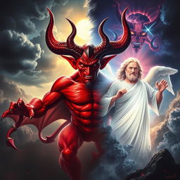 A dramatic scene depicting the eternal struggle between good and evil, featuring a powerful and majestic devil with red skin, large horns, and a fierce expression, contrasted with a benevolent figure representing God, portrayed as a glowing being radiating light with a serene expression