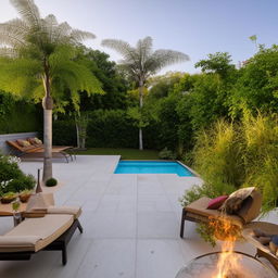 A 25 feet wide and 50 feet long terrace featuring a small pool, a relaxing sit-out area, and a chic fireplace chiminea.