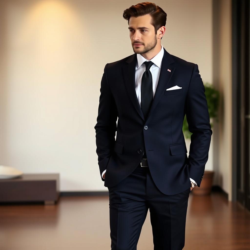 A formal attire featuring a sleek, tailored blazer for men, paired with a crisp white dress shirt and a smart tie