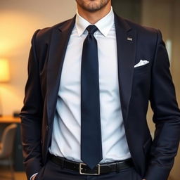 A formal attire featuring a sleek, tailored blazer for men, paired with a crisp white dress shirt and a smart tie