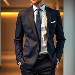 A formal attire featuring a sleek, tailored blazer for men, paired with a crisp white dress shirt and a smart tie