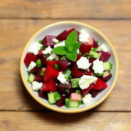 A colorful bowl of beetroot salad, featuring vibrant red beetroot cubes mixed with fresh ingredients like chopped parsley and diced cucumbers