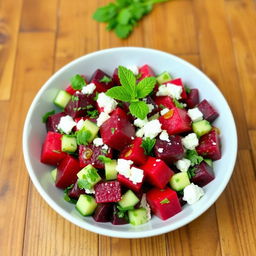 A colorful bowl of beetroot salad, featuring vibrant red beetroot cubes mixed with fresh ingredients like chopped parsley and diced cucumbers