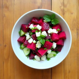 A colorful bowl of beetroot salad, featuring vibrant red beetroot cubes mixed with fresh ingredients like chopped parsley and diced cucumbers