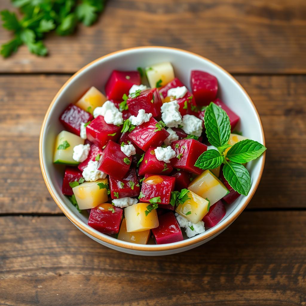 A colorful bowl of beetroot salad, featuring vibrant red beetroot cubes mixed with fresh ingredients like chopped parsley and diced cucumbers