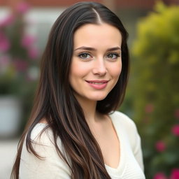 A 30-year-old white woman with long dark brown, almost black hair and striking hazel eyes