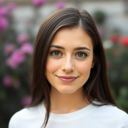 A 30-year-old white woman with long dark brown, almost black hair and striking hazel eyes