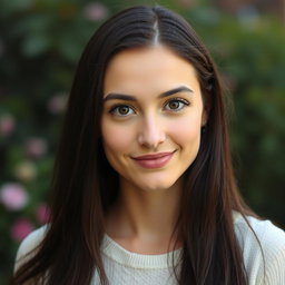 A 30-year-old white woman with long dark brown, almost black hair and striking hazel eyes