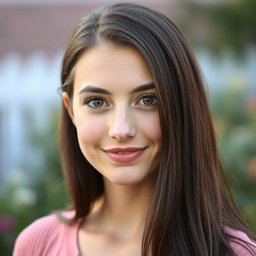 A 30-year-old white woman with long dark brown, almost black hair and striking hazel eyes